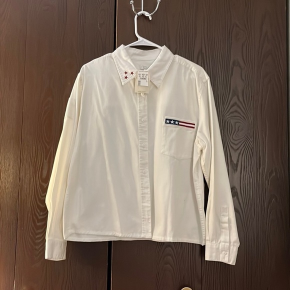 Christopher & Banks white long sleeved blouse with stars/ stripes emblems. NWT L - Picture 1 of 7